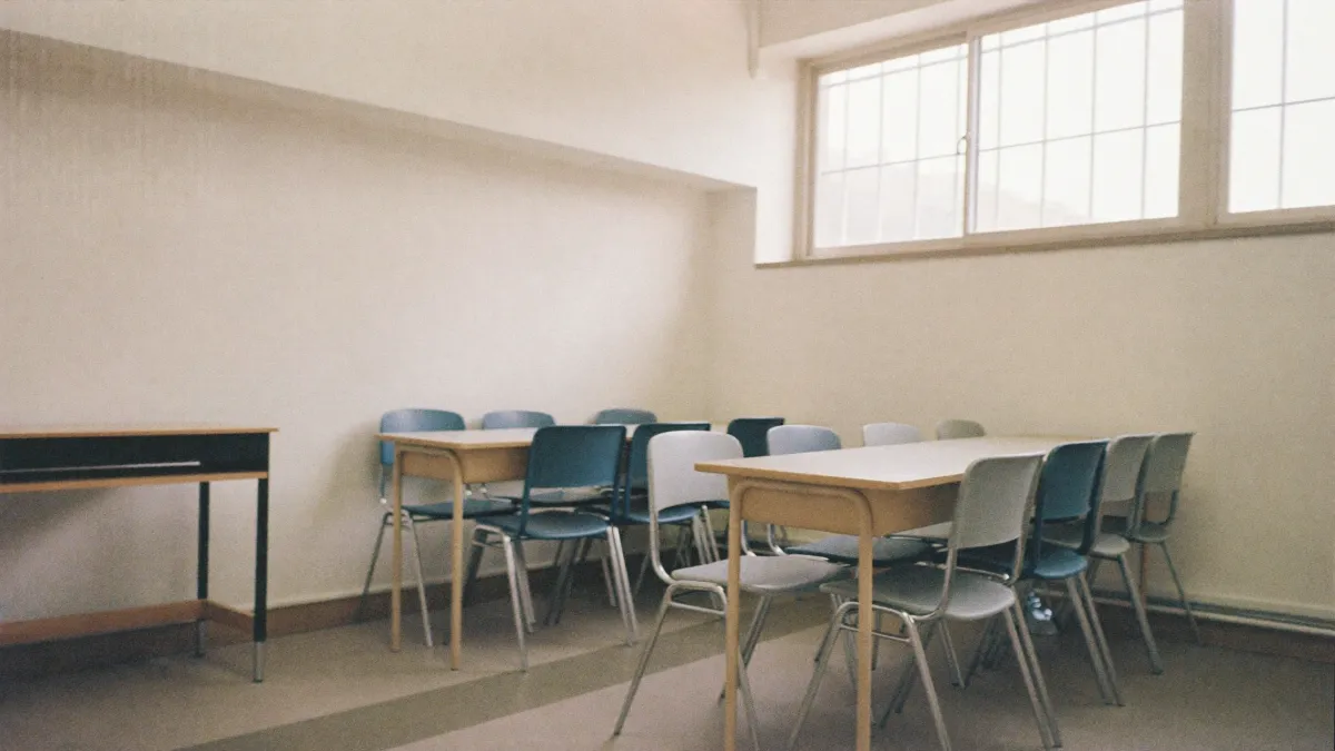 An empty classroom with tables and stacked chairs