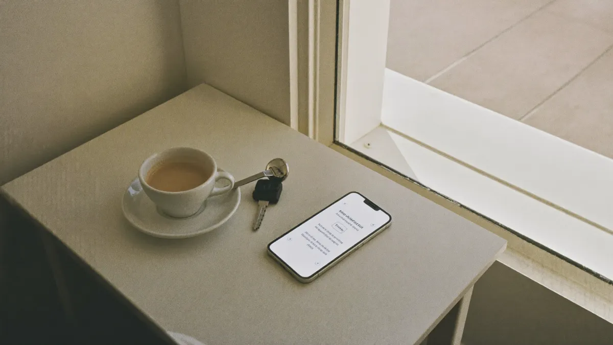 A phone resting on a kitchen table beside a coffee cup and keys