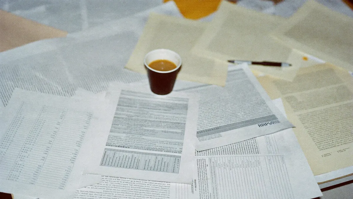A desk buried under loose printed spreadsheets