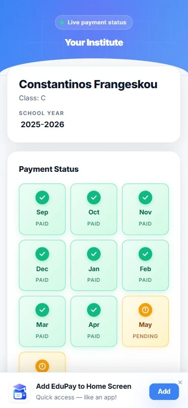 The page a parent sees after scanning the QR code, with each month of the school year marked paid or pending