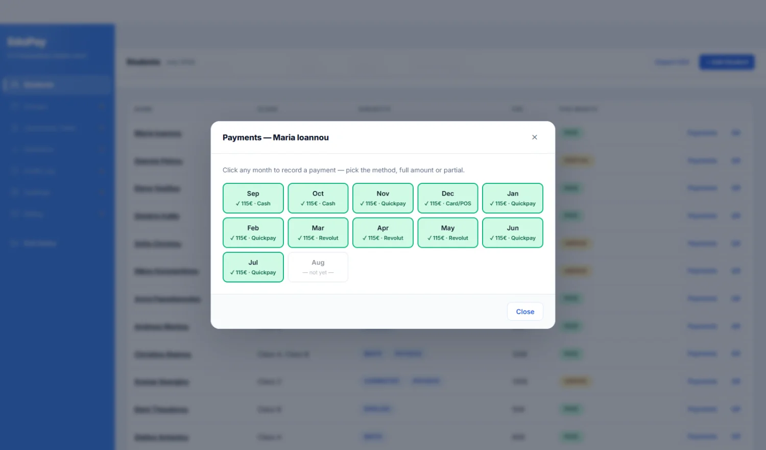 The payments panel for one student, showing each month of the school year marked paid with the payment method