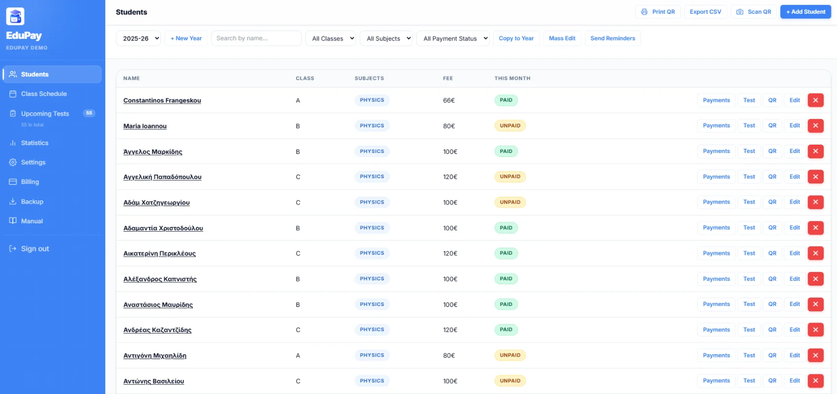 EduPay admin dashboard — a focused Classe365 alternative for tutoring centers in Cyprus and Greece